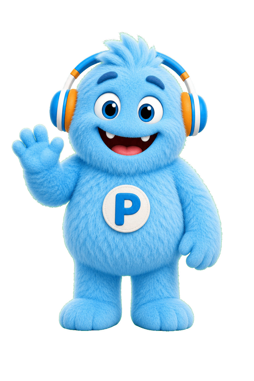 Pete, a friendly fluffy blue AI speech companion wearing headphones